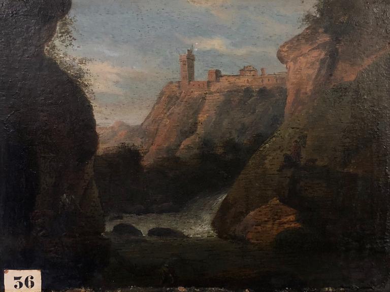 Paysage, rochers rougeâtres et personnages