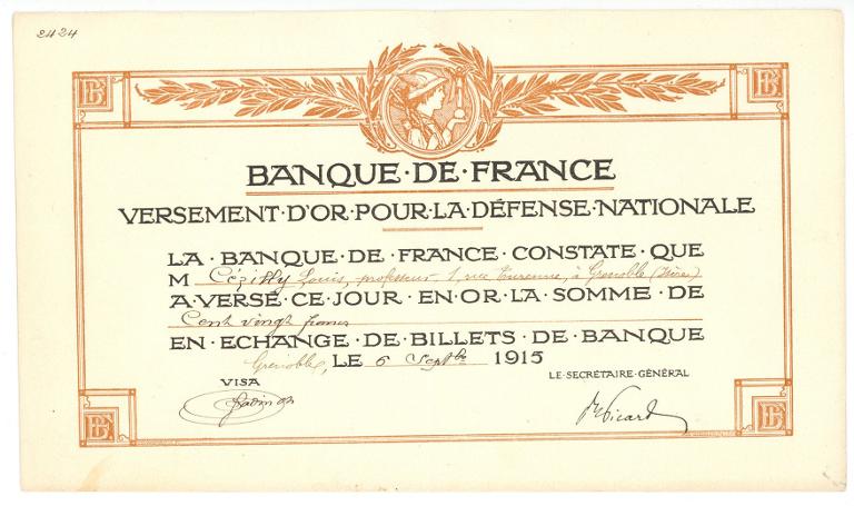 Reçu de versement d'or pour la défense nationale