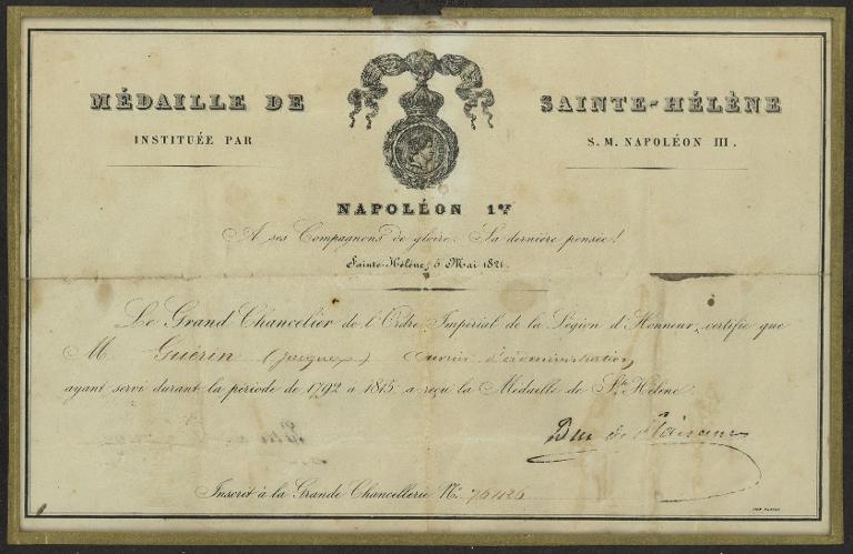 Diplôme de la médaille de Saint-Hélène