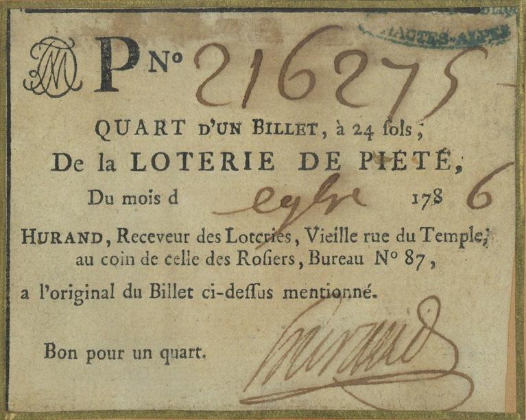 Quart d'un billet , à 24 Sols, de la loterie de Piété du mois de septembre? 1786