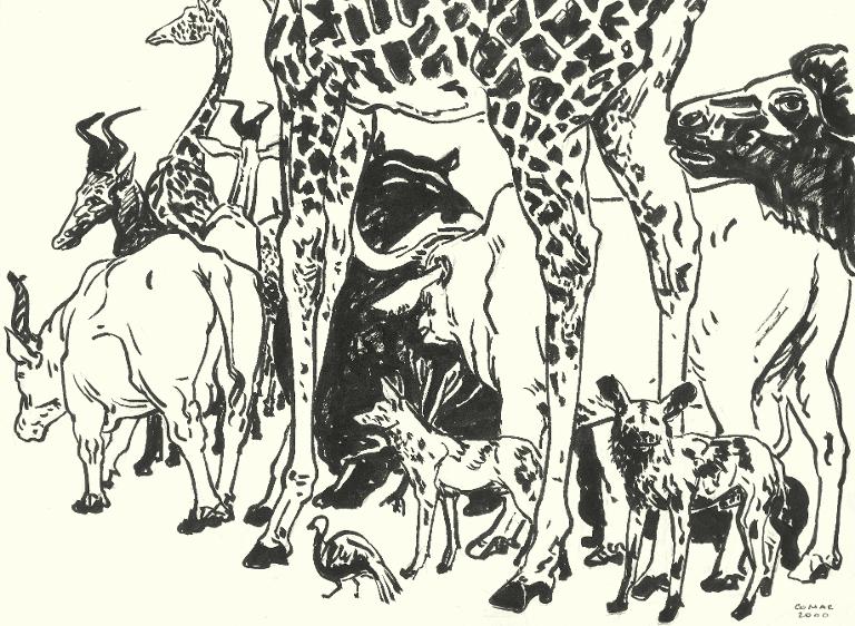 Pêle-mêle de mammifères avec jambes de girafes au premier plan,
