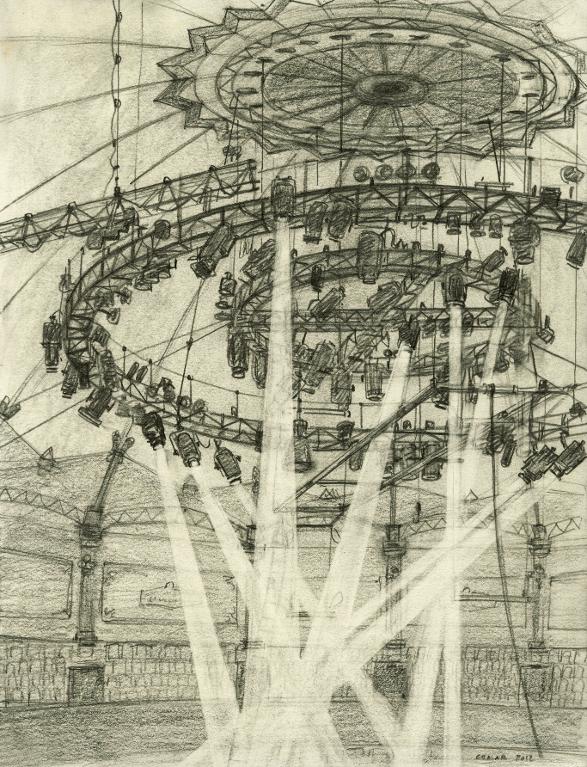 Les cintres avec projecteurs allumés au Cirque d'Hiver, Paris