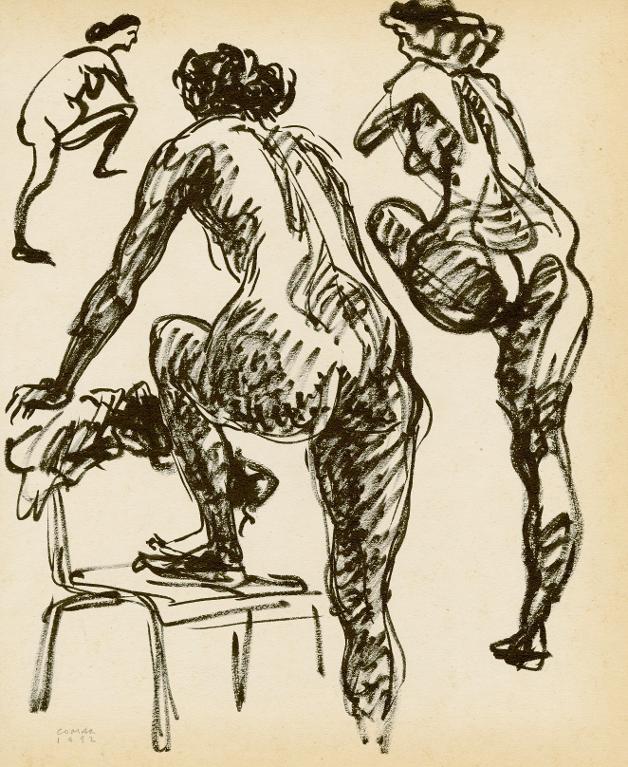 Trois nus féminins, debout, un pied appuyé sur une chais