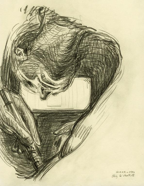 « Chez le dentiste », portrait de ma dentiste en train de me soigner vu avec mon oeil  gauche