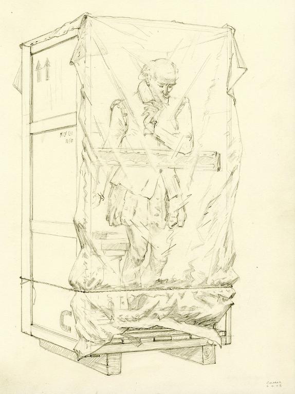 Sculpture figurant Gaspard de Coligny (?) en caisse, musée des Monuments français, Paris