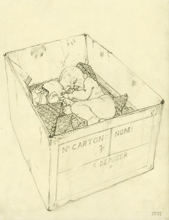 « Carton n° 7 » (deux putti en plâtre partiellement emballés dans du film à bulles)