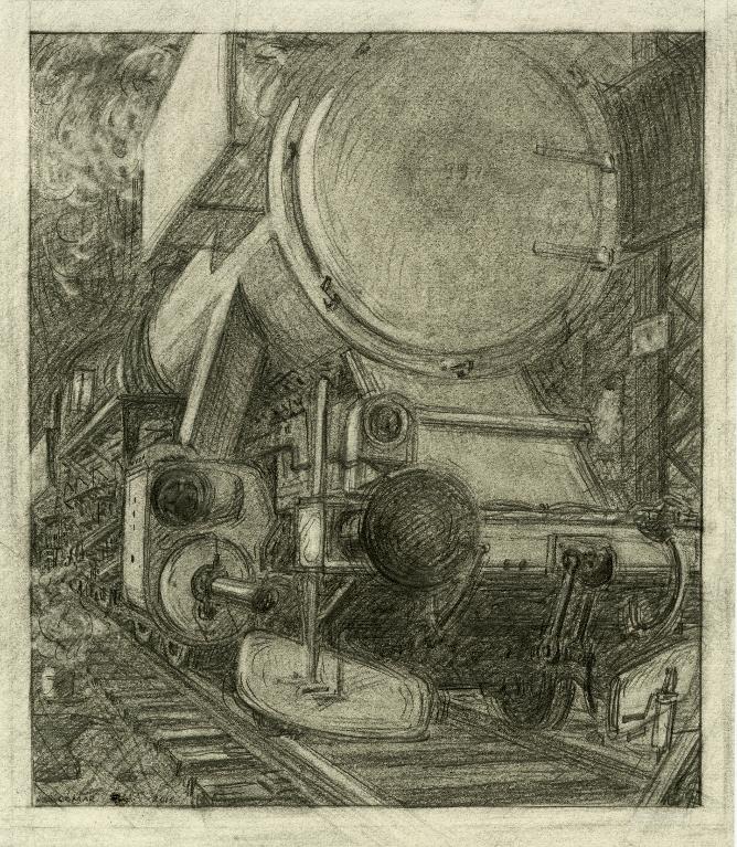 Locomotive TY2 vue depuis l'avant (dessin en clair-obscur)