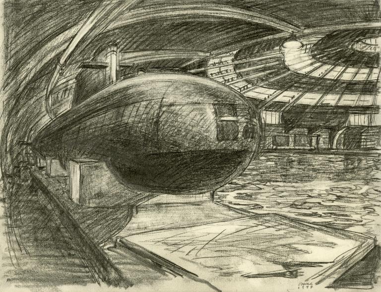 Prototype d'un sous-marin nucléaire dans le Bassin d'essais des carènes, porte Balard,  Paris